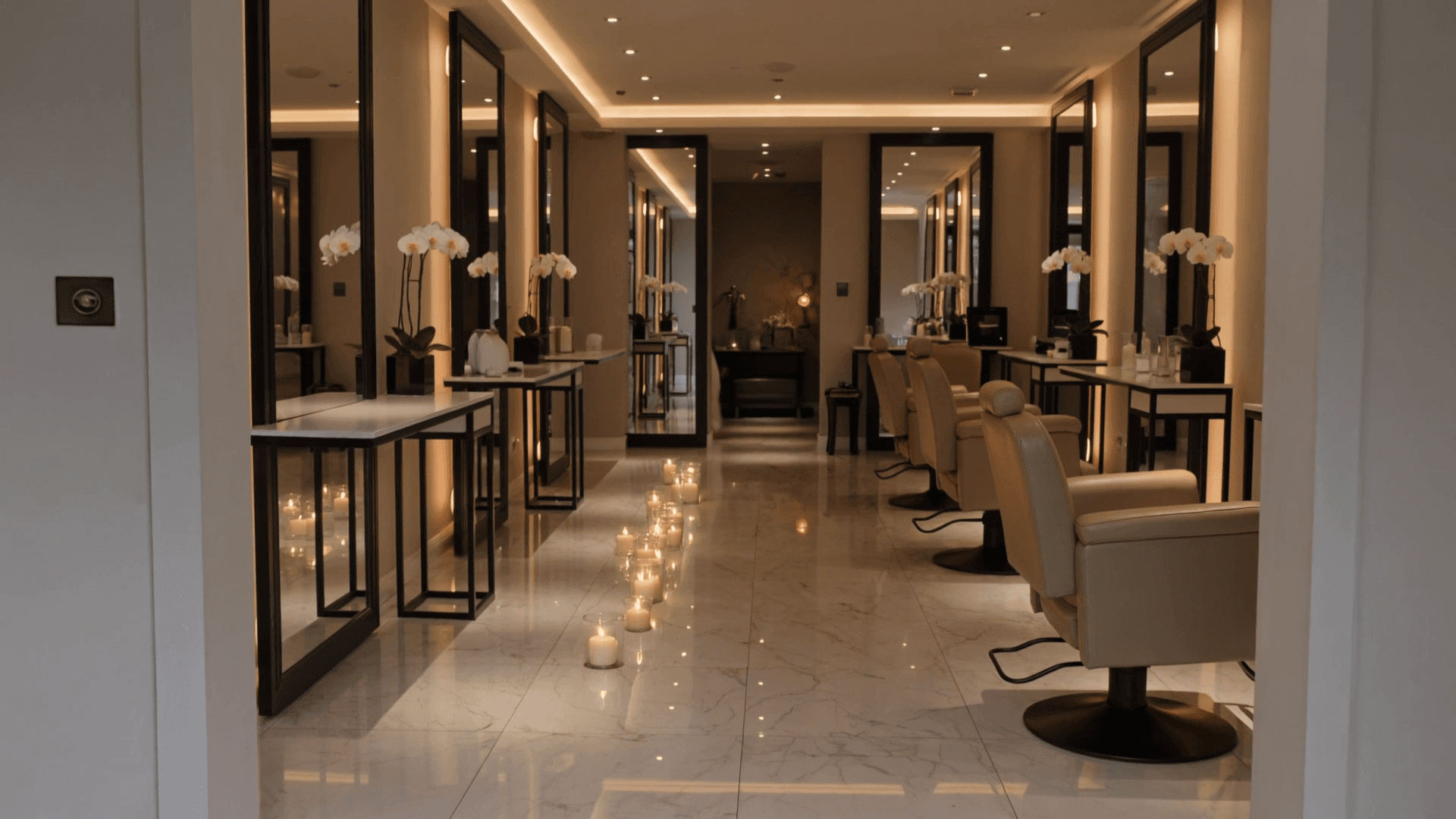 Interior salon Maison Élégance — spațiu elegant cu lumânări și marmură